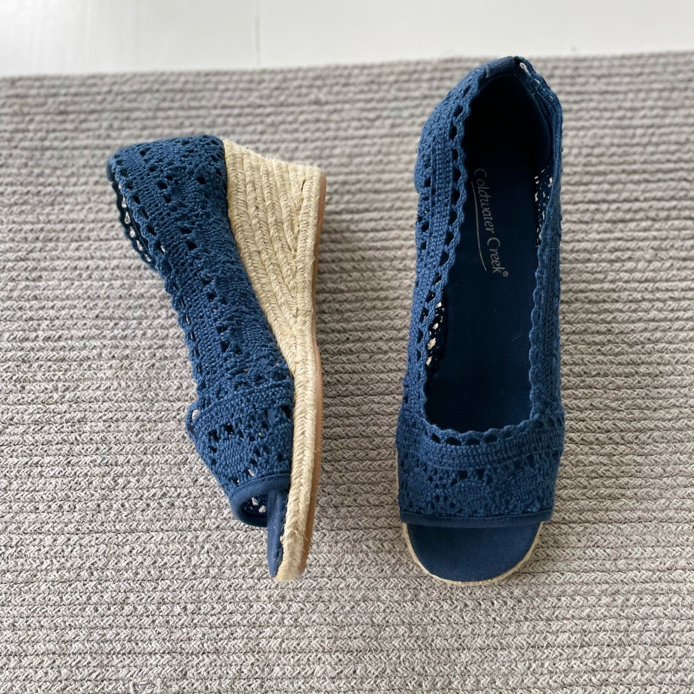 Coldwater Creek Navy Crochet Espadrille Wedges